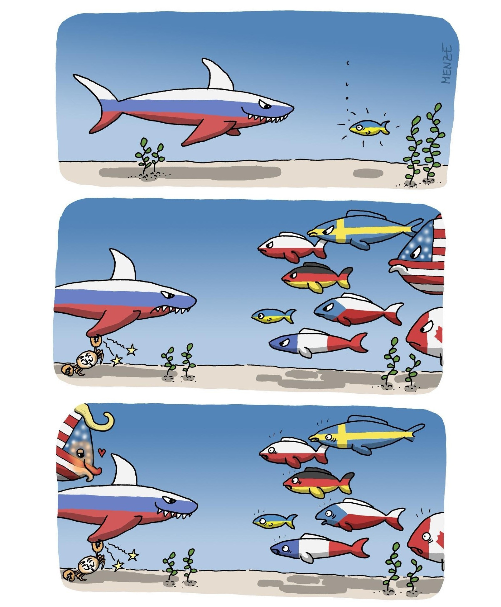 Der Cartoon zeigt eine Unterwasserszene, in der ein großer Hai mit den Farben der russischen Flagge auf einen kleinen Fisch zuschwimmt, der die Ukraine repräsentiert. Der Hai wirkt bedrohlich, während der ukrainische Fisch allein und schutzlos vor ihm zu stehen scheint.
In der nächsten Szene tauchen mehrere Fische auf, die sich hinter dem ukrainischen Fisch versammeln. Sie tragen die Farben der Flaggen von Frankreich, Schweden, Polen, Tschechien, Kanada, Deutschland sowie USA. Der Haifisch schaut verärgert.
Im letzten Panel hat sich der Fisch mit der US-Flagge von der Gruppe entfernt und ist auf die Seite des russischen Hais gewechselt. Er trägt nun eine gelbe Haartolle und ein orangenes Gesicht. Statt die anderen Fische zu unterstützen, schwimmt er nun an der Seite des Hais und wirft ihm einen Kuss zu. Über seinem Kopf schwebt ein kleines Herz. Die anderen bleiben hinter dem ukrainischen Fisch und schauen entsetzt auf die Liebesszene. Der Cartoon zeigt eine Unterwasserszene, in der ein großer Hai mit den Farben der russischen Flagge auf einen kleinen Fisch zuschwimmt, der die Ukraine repräsentiert. Der Hai wirkt bedrohlich, während der ukrainische Fisch allein und schutzlos vor ihm zu stehen scheint.
In der nächsten Szene tauchen mehrere Fische auf, die sich hinter dem ukrainischen Fisch versammeln. Sie tragen die Farben der Flaggen von Frankreich, Schweden, Polen, Tschechien, Kanada, Deutschland sowie USA. Der Haifisch schaut verärgert.
Im letzten Panel hat sich der Fisch mit der US-Flagge von der Gruppe entfernt und ist auf die Seite des russischen Hais gewechselt. Er trägt nun eine gelbe Haartolle und ein orangenes Gesicht. Statt die anderen Fische zu unterstützen, schwimmt er nun an der Seite des Hais und wirft ihm einen Kuss zu. Über seinem Kopf schwebt ein kleines Herz. Die anderen bleiben hinter dem ukrainischen Fisch und schauen entsetzt auf die Liebesszene.
